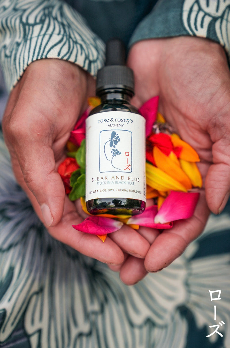 Bottle of Rose and Rosey's Bleak and Blue natural herbal tincture.